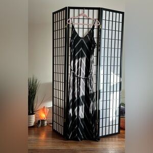 LOFT Plus Black Maxi Dress | White Linear Print | Heavy Rayon | 26